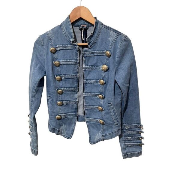 Free People Fitted Military Nautical Embellished Sleeves Jacket XS Denim - Picture 2 of 11